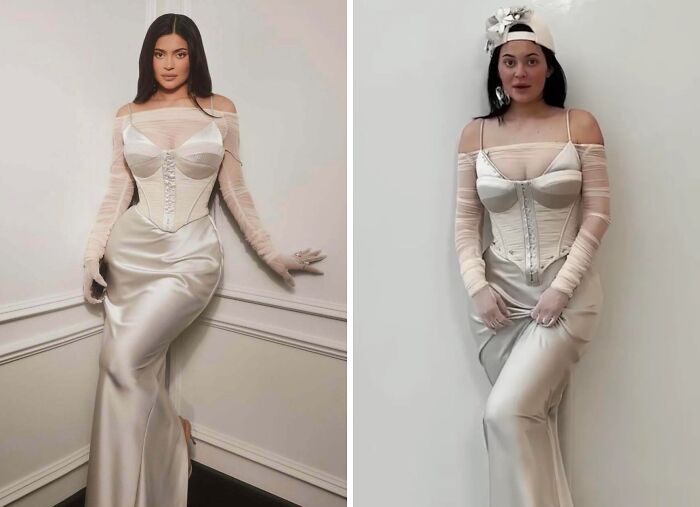 Dve ženy vo svetlých saténových šatách, jedna v elegantnom prostredí, druhá v zábavnom kostýme.