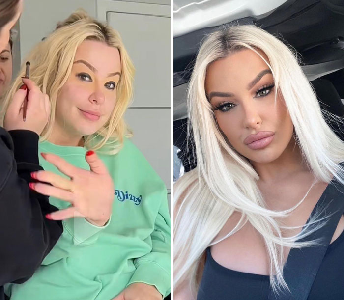 Dve fotografie ženy: pred a po líčení, blond vlasy, mladá žena v bežnom a elegantnom vzhľade.