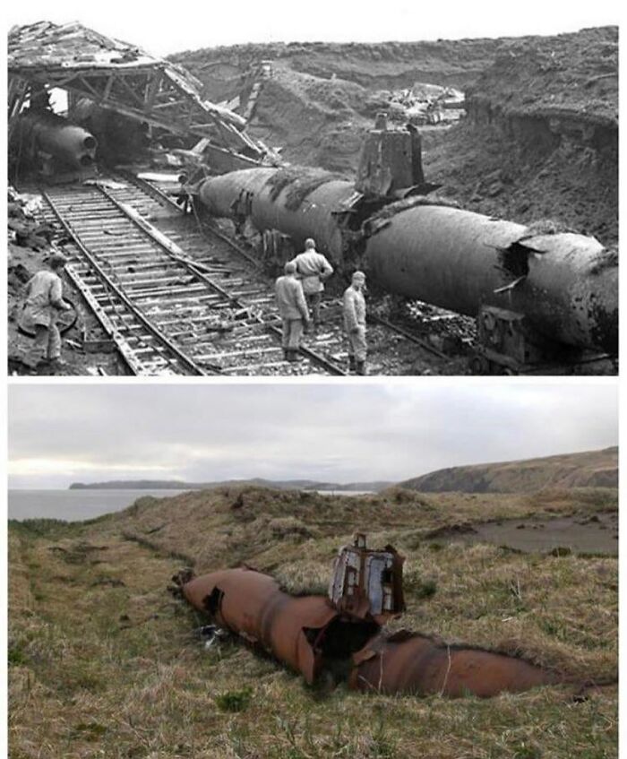 Historická havária ponorky na železnici a súčasný stav vraku v prírode, dokumentujúca zub času.