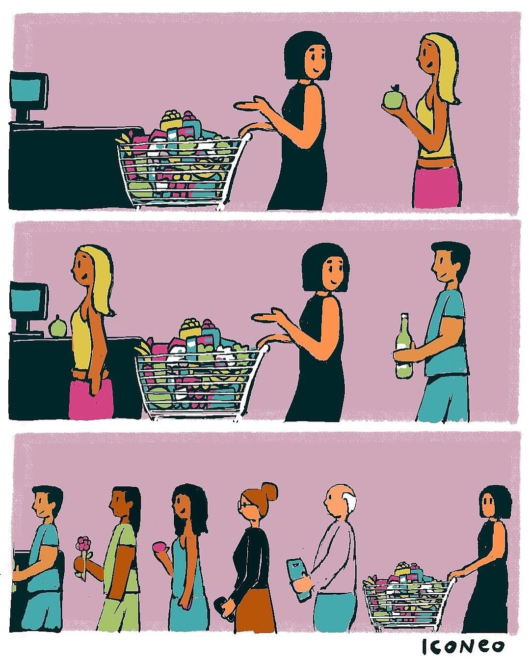Rad nakupujúcich v supermarkete, niektorí nesú iba jeden predmet, zatiaľ čo iní majú plný nákupný vozík.