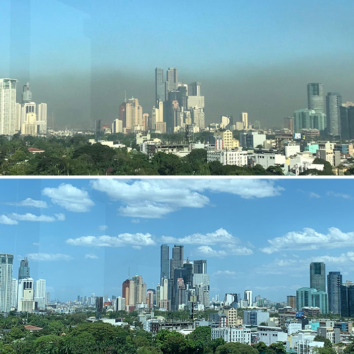 Panoráma mesta s porovnaním znečistenia ovzdušia: horná fotografia smog, dolná jasná obloha.