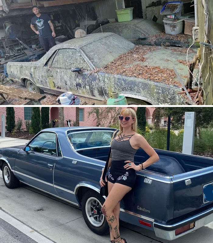 Zanedbané auto pred renováciou, ktoré sa zmenilo na elegantné vozidlo, žena pózuje pri obnovenom aute.
