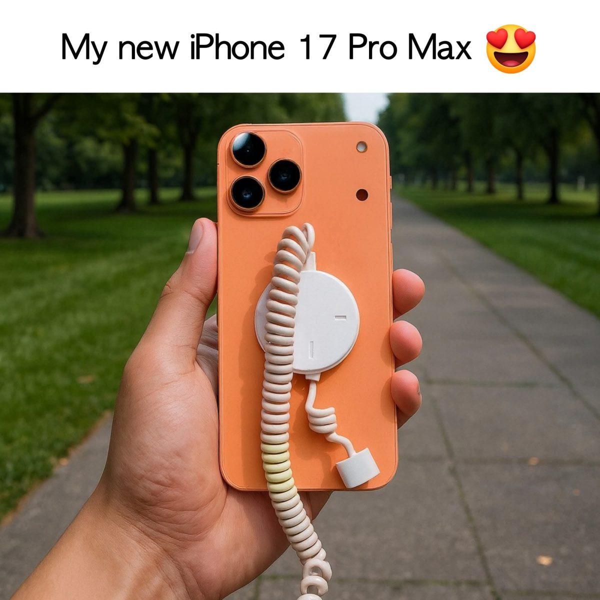 Humorný obrázok oranžového mobilu so slúchadlom na špirálovom kábli.