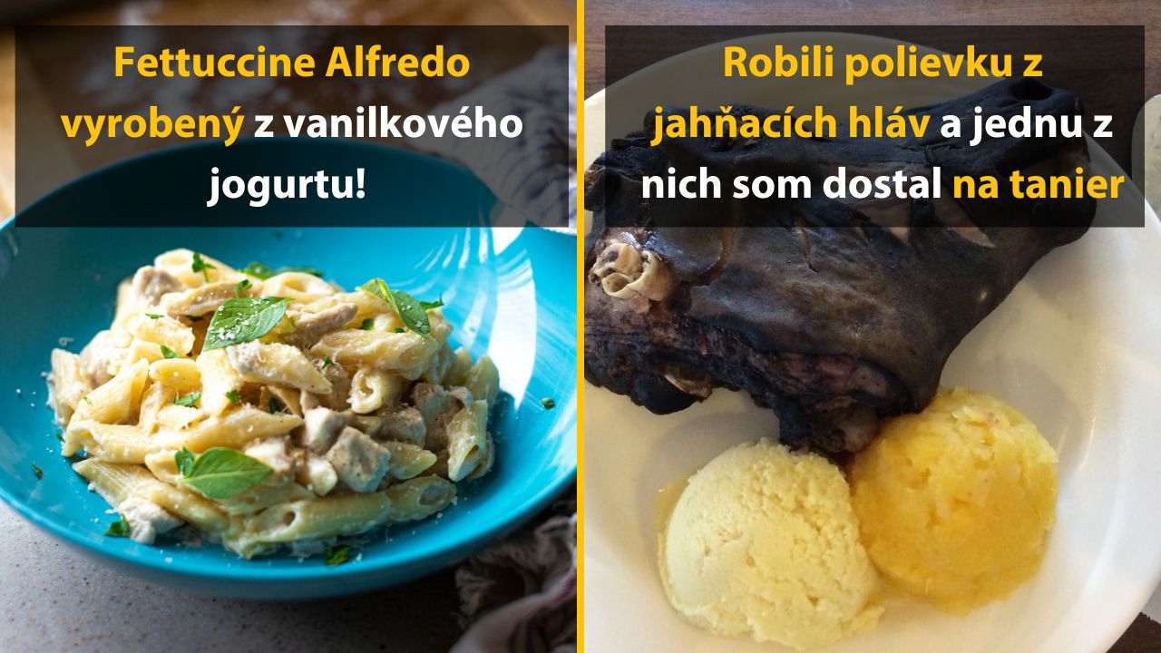 Pasta z vanilkového jogurtu a jahňacia hlava s prílohou na tanieri, zaujímavé kombinácie jedál.