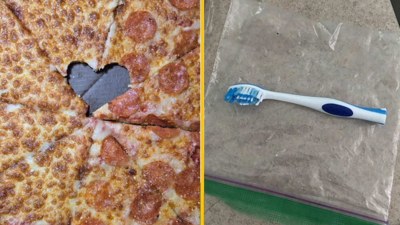 Pizza s vyrezaným srdcom, vedľa zubná kefka na plastovom vrecku na stole.