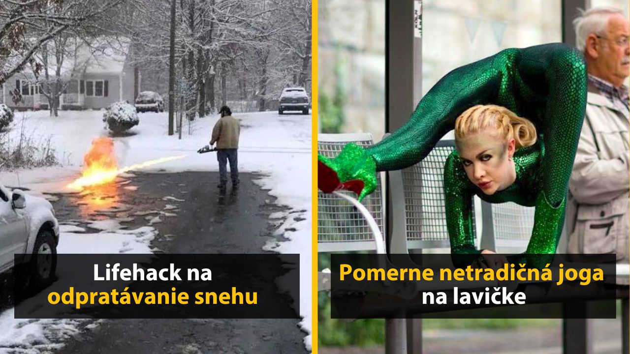 Muž s horákom odstraňuje sneh z cesty, žena v zelenom cvičí jogu na lavičke v neobvyklých polohách.