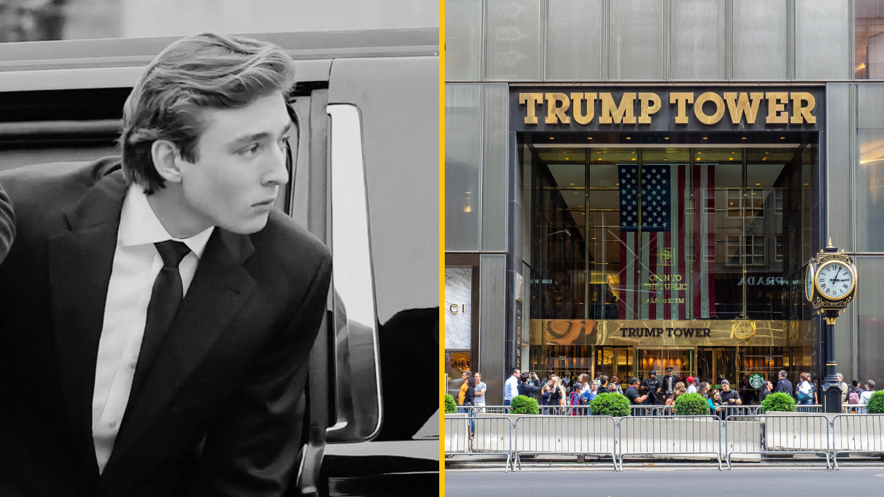 Osoba vystupuje z auta pred Trump Tower s americkou vlajkou na pozadí. Elegantná scéna v centre New Yorku.
