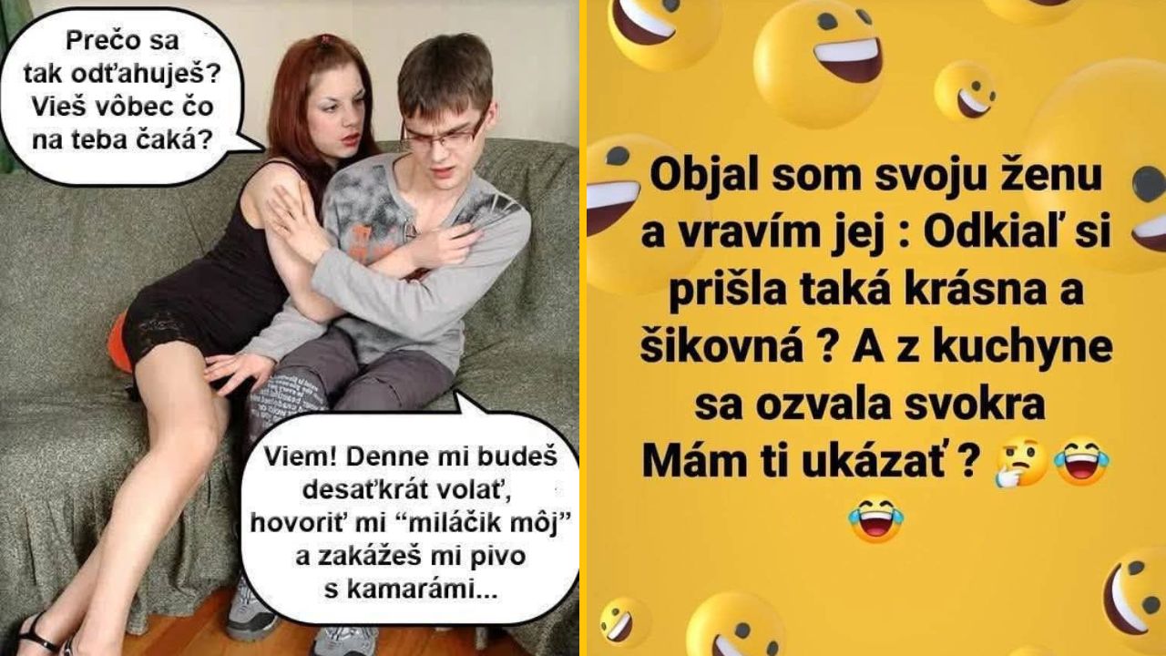 Pár sedí na gauči, vtipná výmena názorov o vzťahu. Vedľa text so žltými smajlíkmi.
