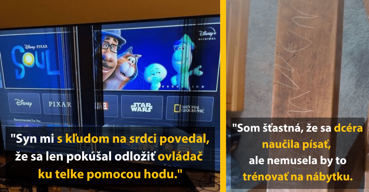 Televízor s prasklinou po hádzaní ovládača, nápis dcéry vyškrabaný do dreva.