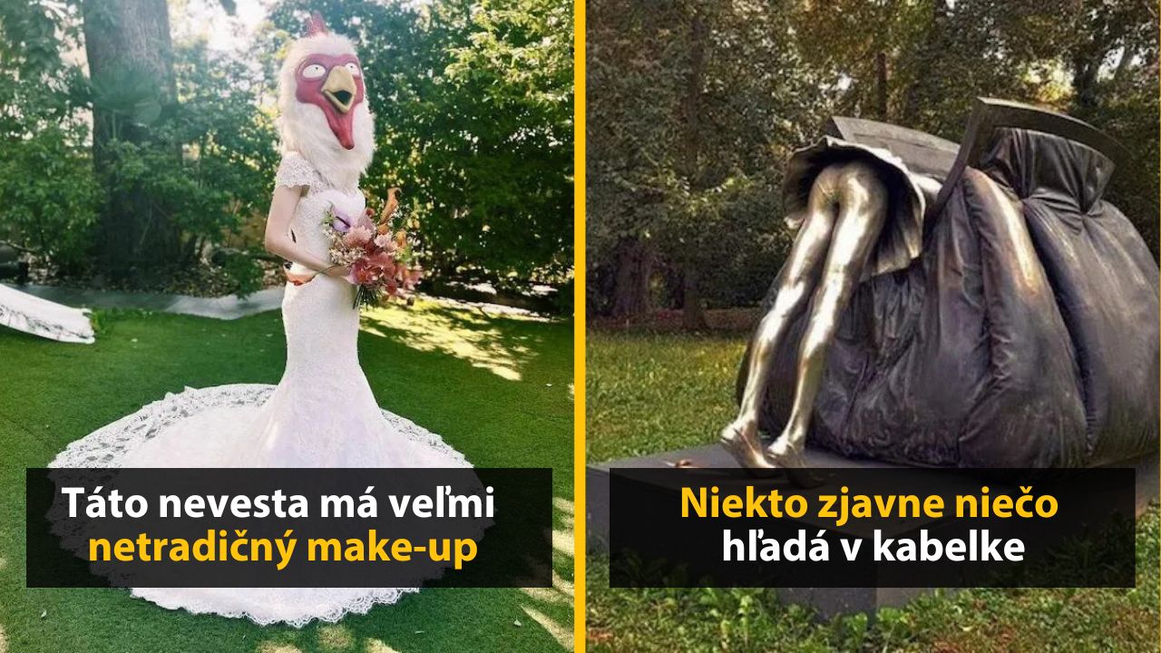 Nevesta s maskou kohúta v parku; socha ženských nôh v obrovskej kabelke.