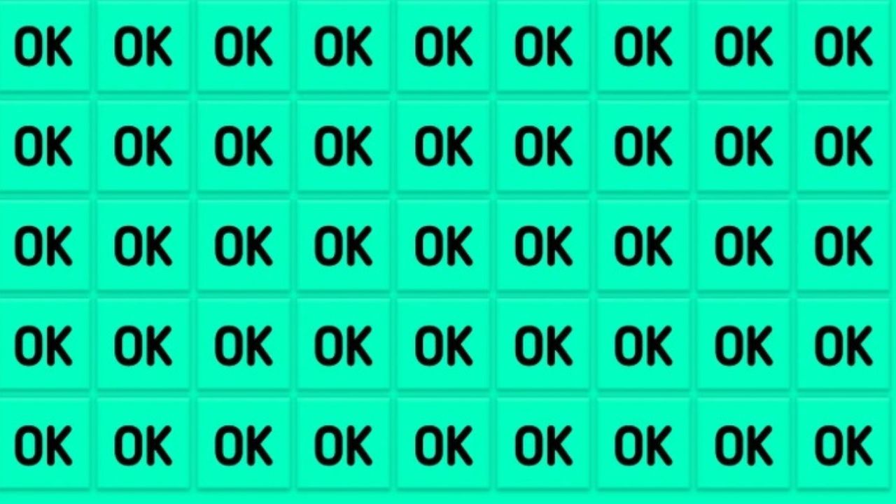 Riadky zelených blokov s opakujúcim sa textom OK na čiernom pozadí.