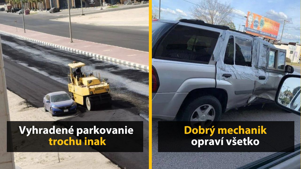Auto pod valcom na asfalte a SUV opravené páskou–neobvyklé parkovanie a opravy.