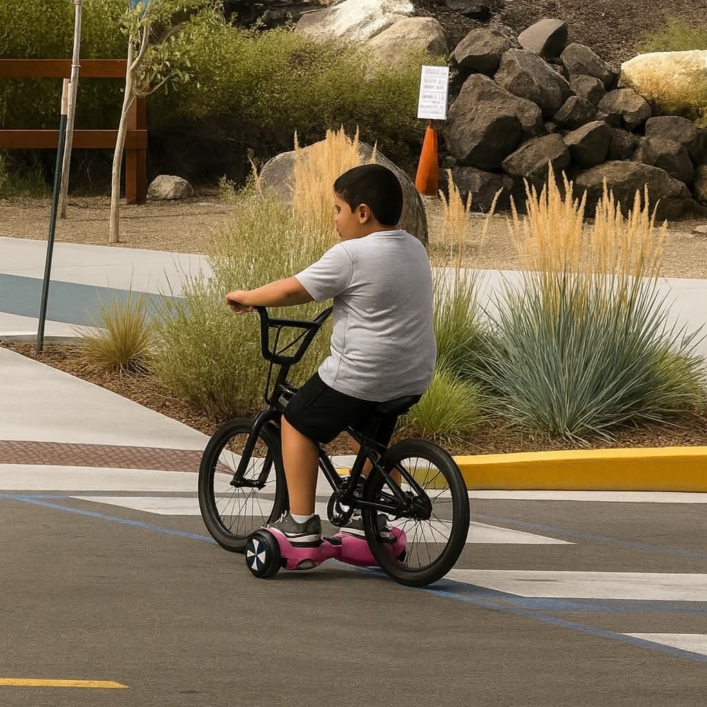 Dieťa na bicykli s hoverboardom pri zadnom kolese.
