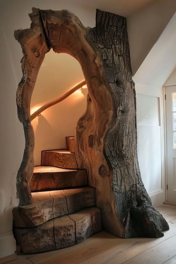Schody vytesané do kmeňa stromu vedúce do horného poschodia, prírodný dizajn interiéru.