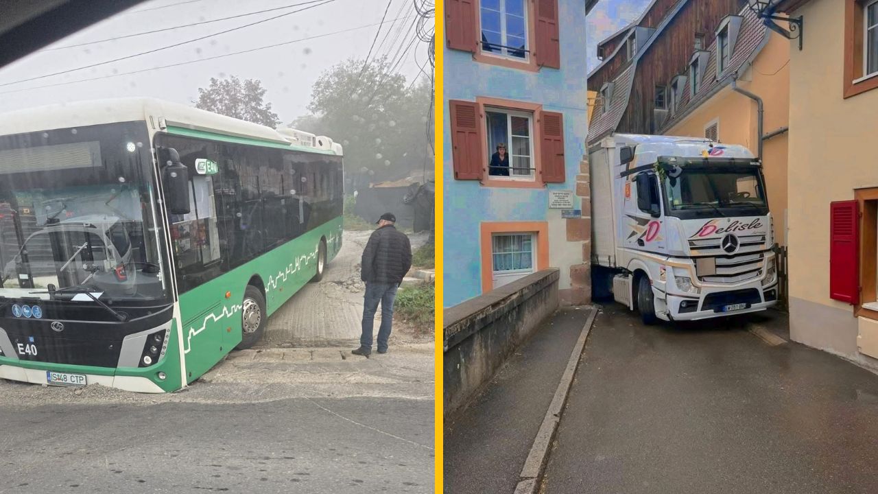 Autobus zapadol do priekopy vedľa cesty, kamión uviazol medzi úzkymi budovami, zatiaľ čo muž pozoruje situáciu.