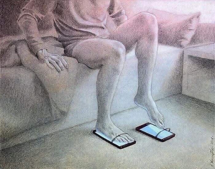 Osoba sediaca na posteli používa mobilné telefóny ako papuče, koncept závislosti na technológiách.