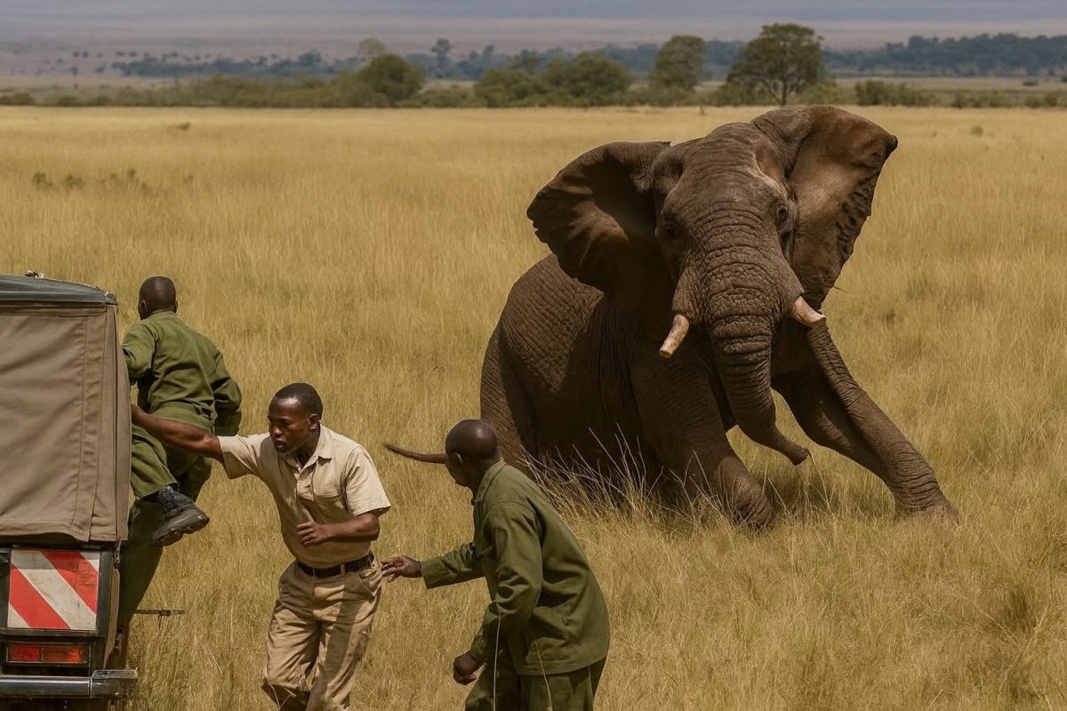 Slon prenasleduje mužov smerujúcich k vozidlu na africkej savane. Adrenalínový moment v prírode.