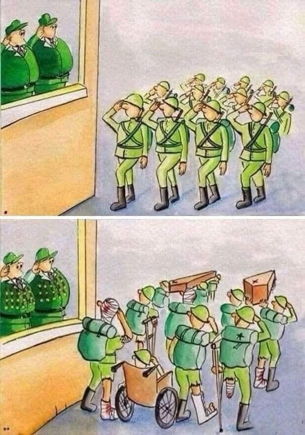 Vojaci salutujú veliteľom pred a po boji; návrat s ranenými v nosidlách a vozíku ilustruje vojnové dôsledky.