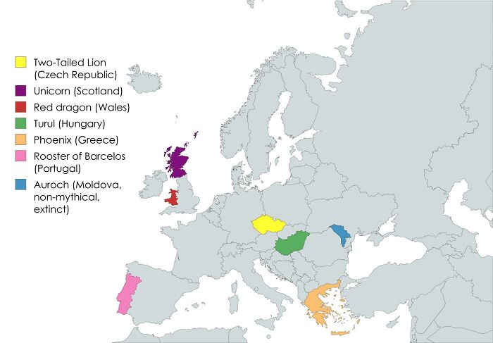 Mapa Európy zobrazujúca národné symboly ako mytologické tvory v jednotlivých krajinách.