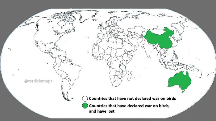Mapa sveta: Krajiny, ktoré vyhlásili vojnu vtákom, a prehrali, zvýraznené zelenou farbou.