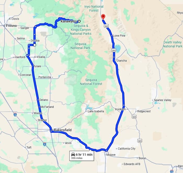 Mapa trasy Kalifornia: Fresno - Kanawyers - Inyo National Forest, čas jazdy 6 hodín 11 minút, vzdialenosť 355 míľ.