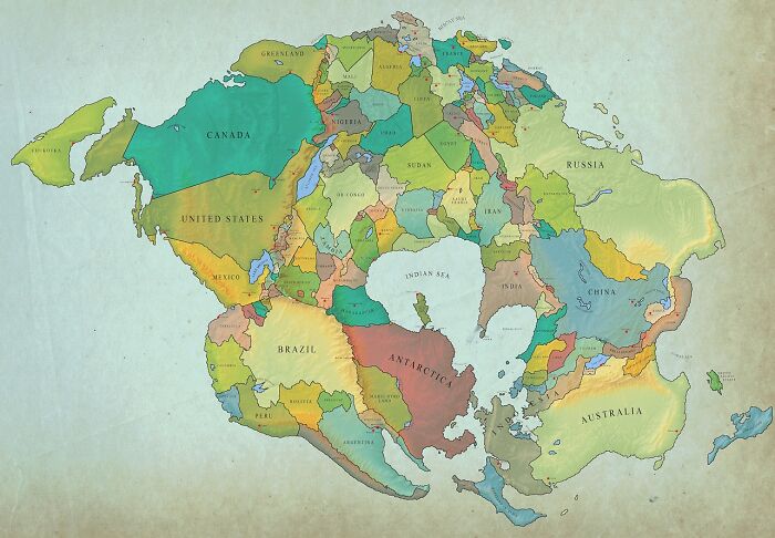 Alternatívna politická mapa sveta s krajinami zobrazenými na fiktívnom superkontinente.