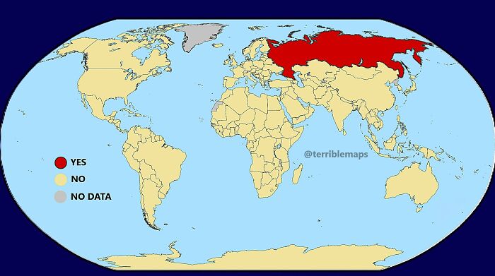 Mapa sveta s vyznačeným Ruskom, označeným červenou farbou, zobrazujúca odpovede na nešpecifikovanú otázku.