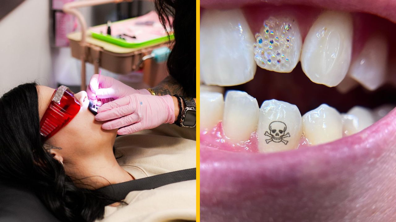 Osoba s ochrannými okuliarmi dostáva dentálnu starostlivosť; detail zubu so symbolom lebky.