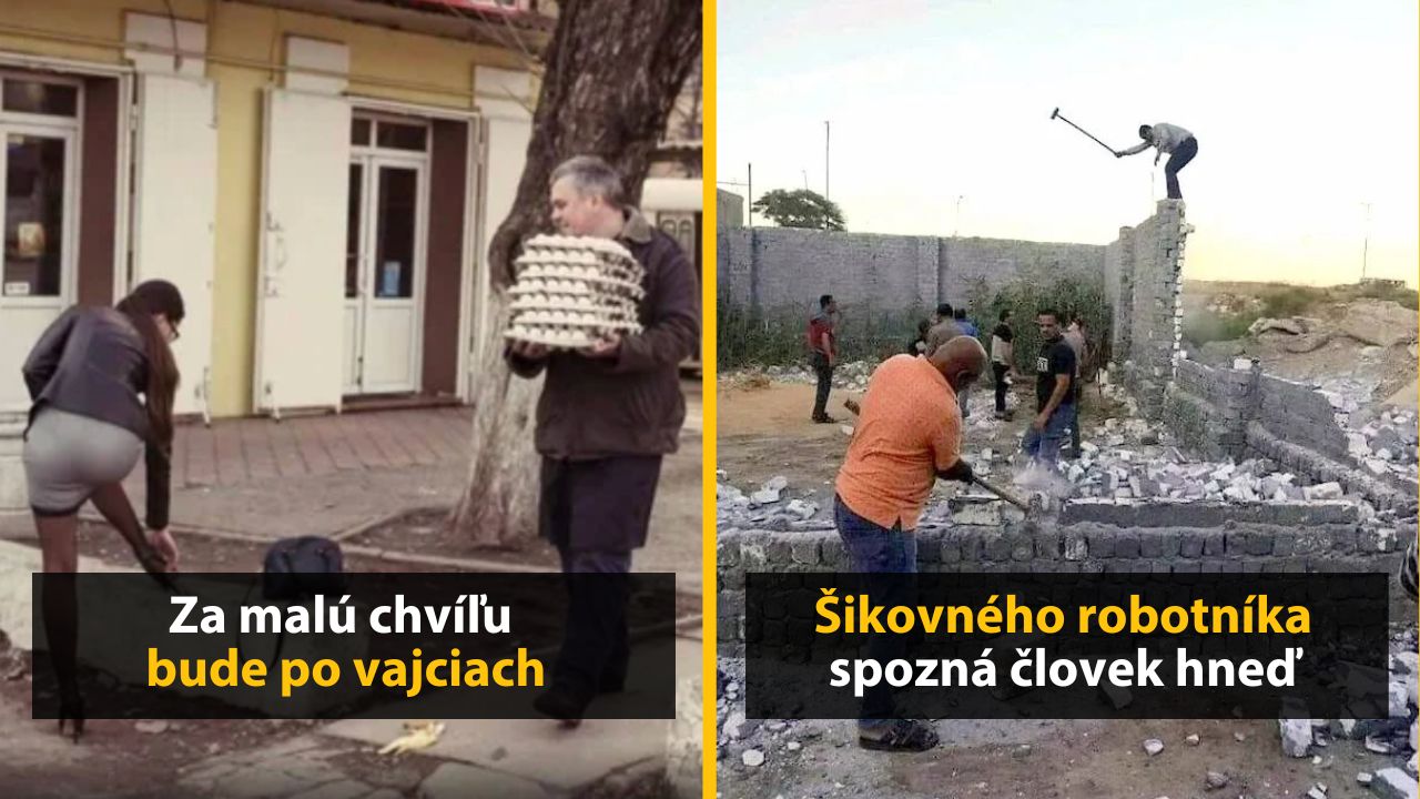 Muž s vajíčkami a stavenisko s pracovníkmi pri demolácii steny, vtipné situácie s textami.