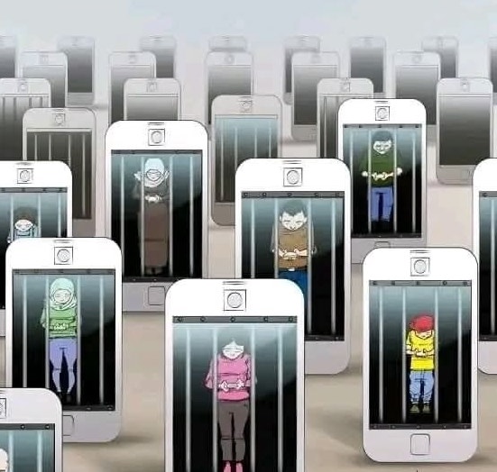 Ľudia uväznení v smartfónoch, symbolizujúc závislosť na technológiách a sociálnych sieťach.