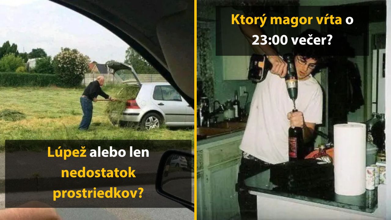 Muž naloží trávu do auta, druhý vŕta do fľaše v noci v kuchyni, s humornými titulkami.