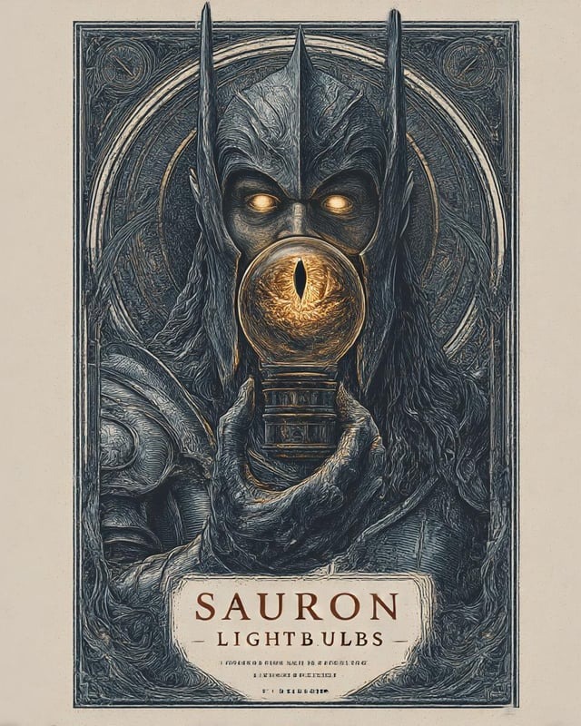 Ilustrácia temnej postavy s prílbou držiaca žiarovku pripomínajúcu oko Saurona. Text: Sauron Lightbulbs.