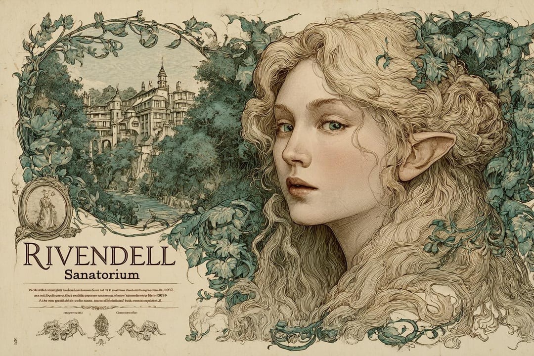 Ilustrácia Rivendell Sanatorium s portrétom elfa obkoleseného zeleňou a historickou budovou na pozadí.