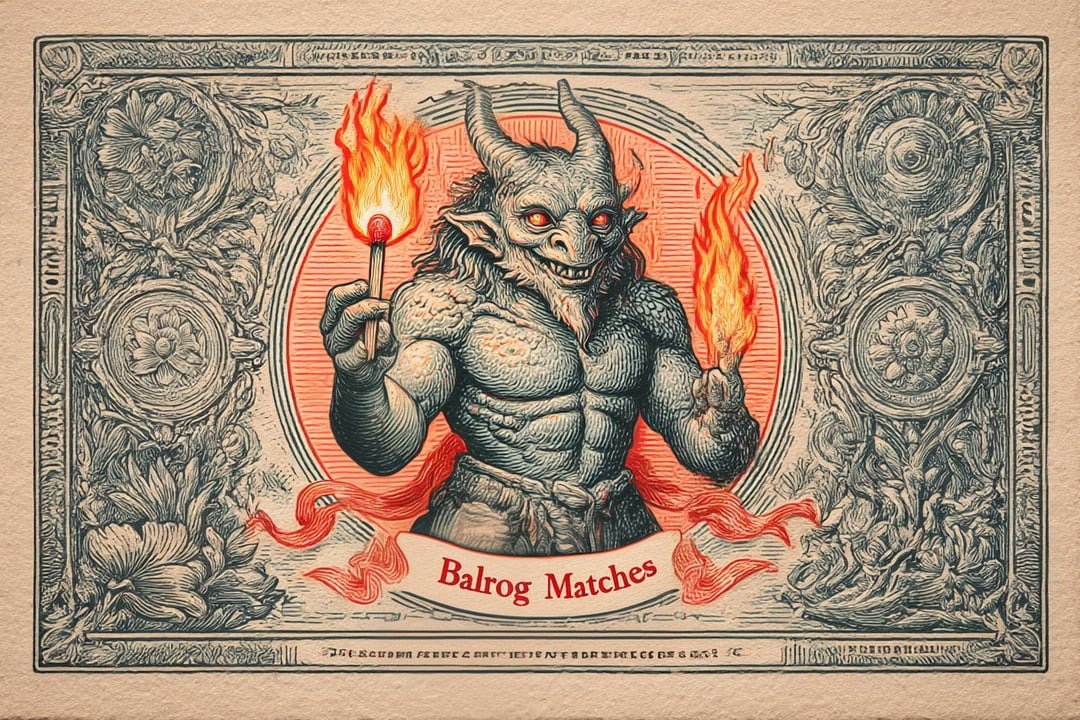 Démon s dvoma horiacimi zápalkami, obklopený ornamentálnym rámom s kvetinami. Text: Balrog Matches.