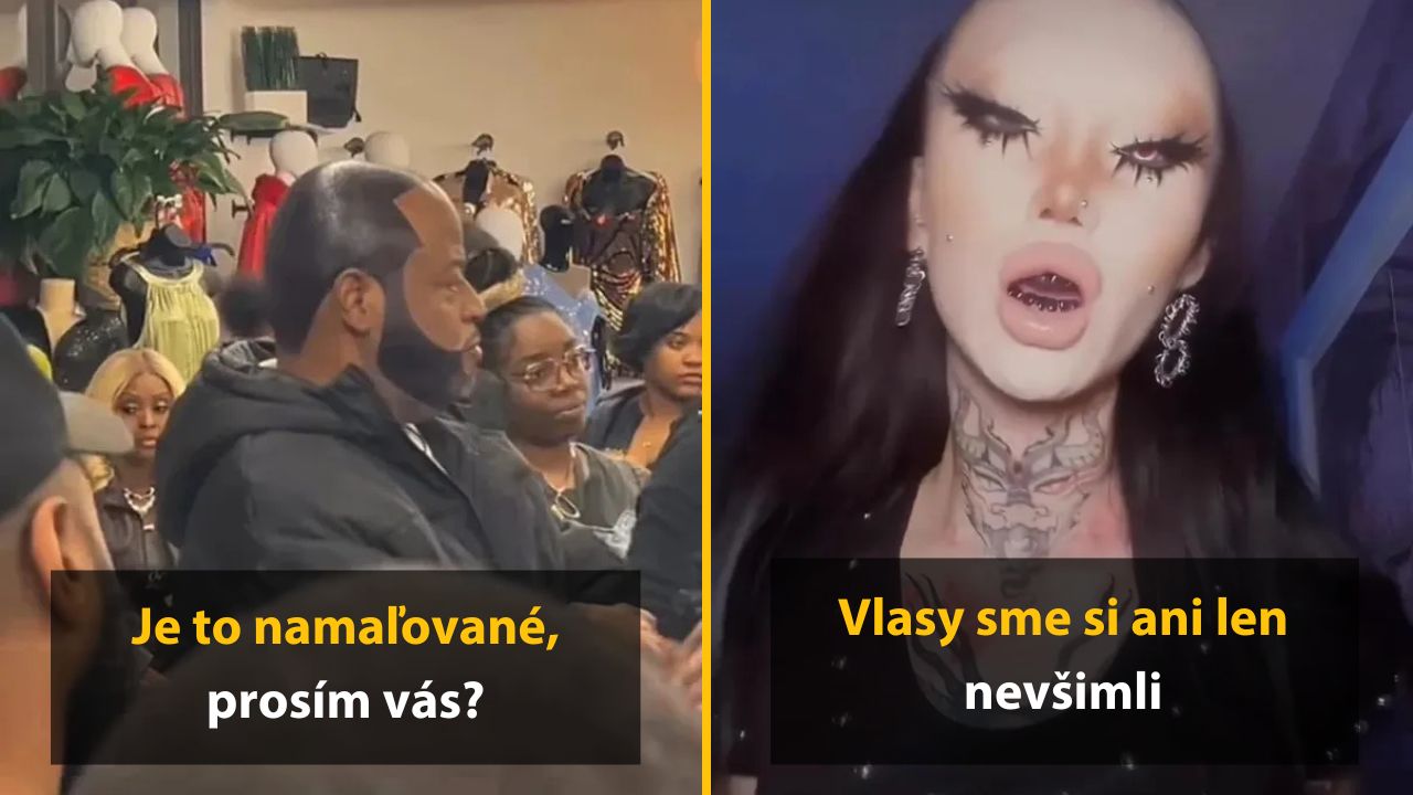 Osobitné účesy a výrazný make-up ľudí v dvoch rôznych scénach.