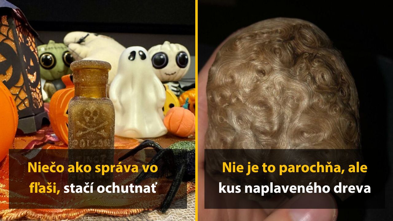 Dekorácie na Halloween: tekvice, duchovia, jedovatá fľaša a naplavené drevo pripomínajúce parochňu.