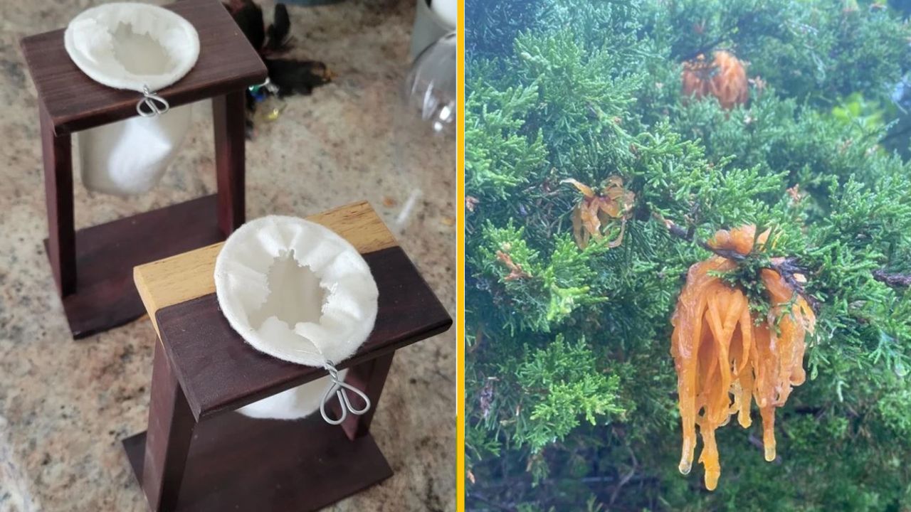 Domáci kávový filter na drevenom stojane a zvláštny oranžový útvar na zelenej vetve stromu.