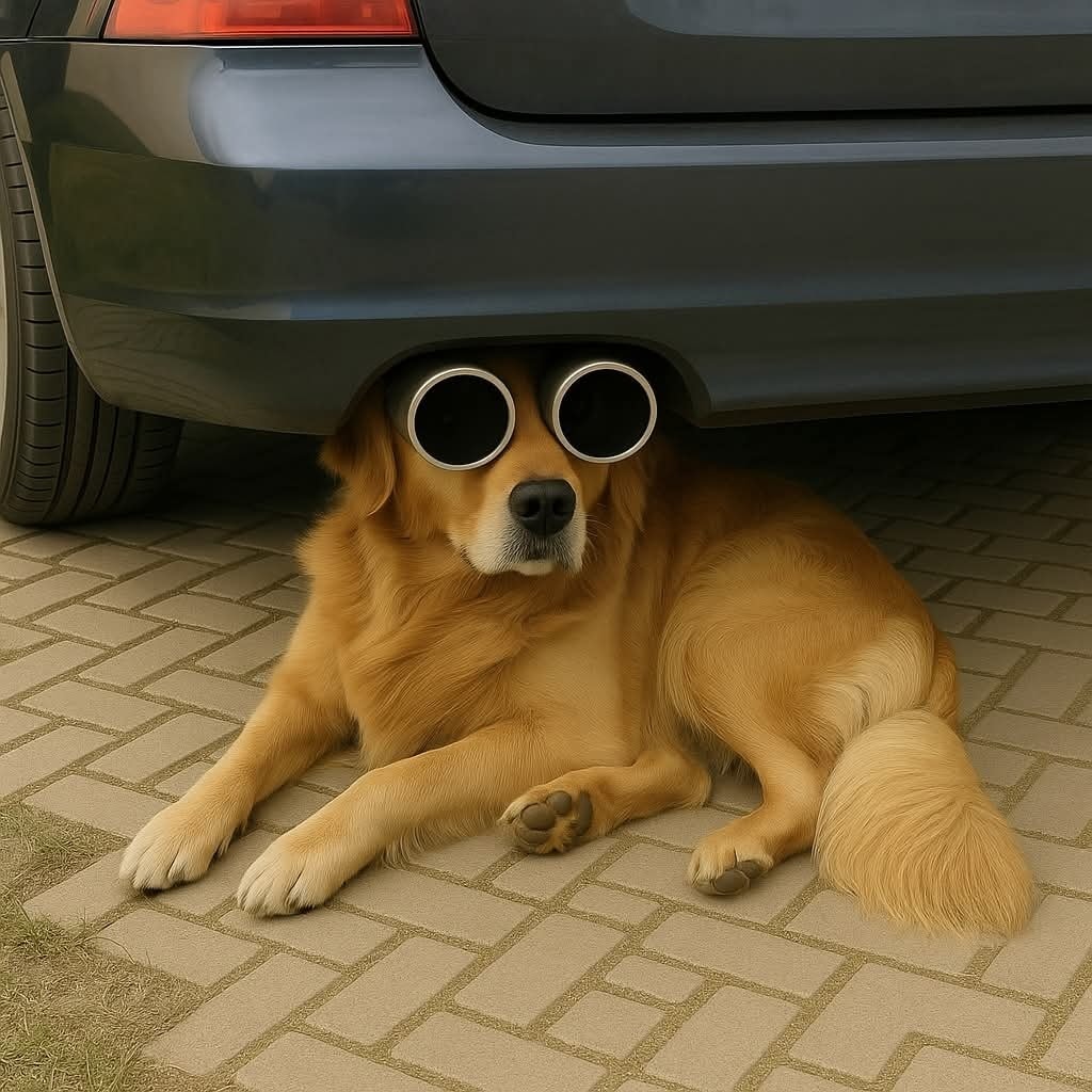 Pes leží pod autom tak, že sa otvory výfuku prekrývajú s jeho očami.