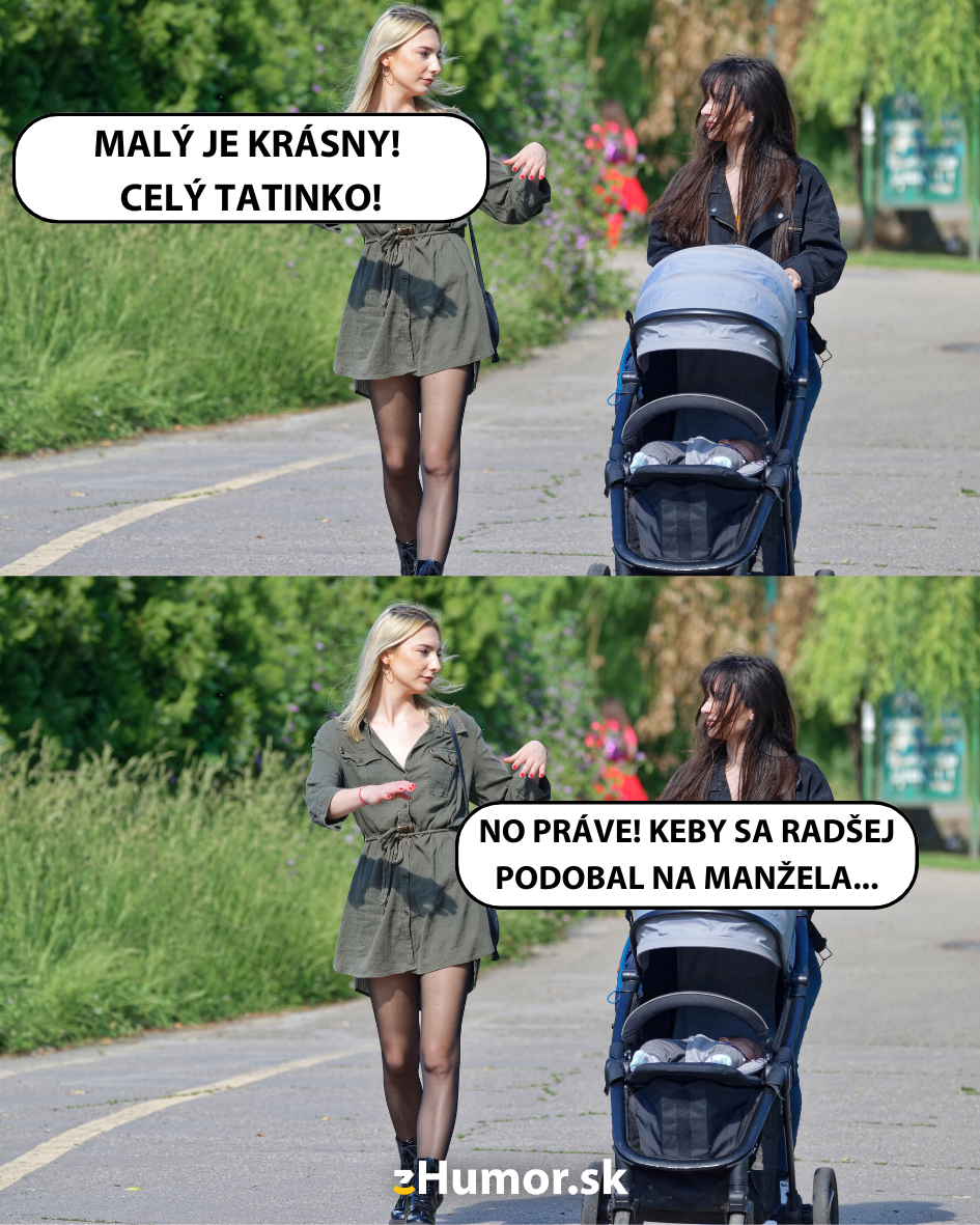 Dve ženy na prechádzke s kočíkom vedú vtipný dialóg o podobe dieťaťa na tatinka.