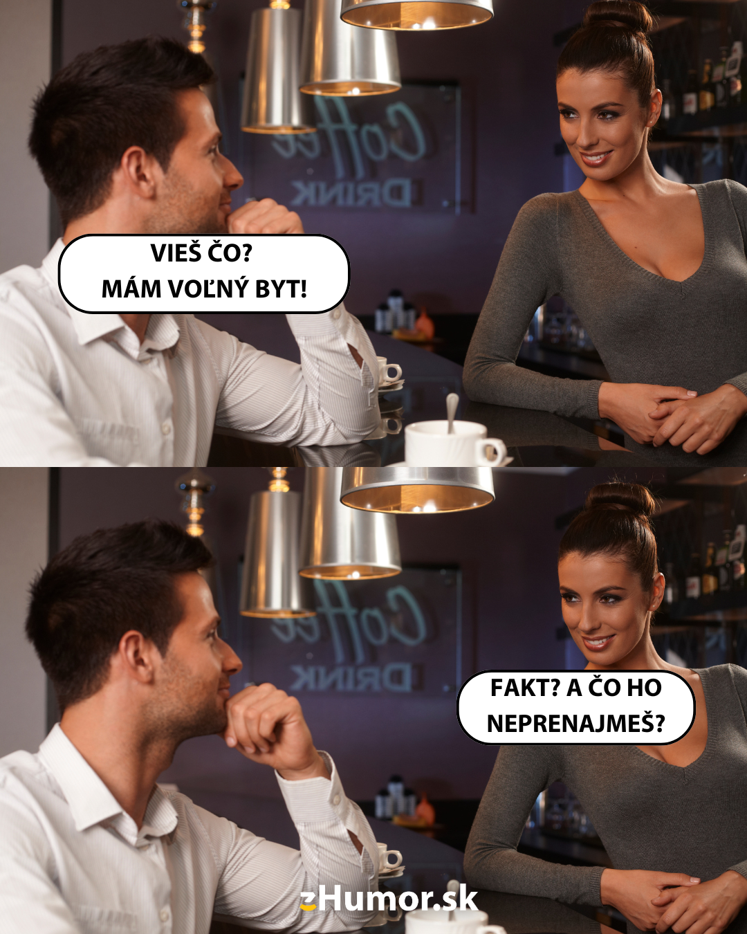 Muž a žena si v kaviarni vymieňajú vtipné poznámky o voľnom byte a prenájme.