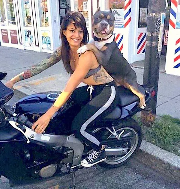 Žena na motorke s usmievajúcim sa psom na chrbte v mestskom prostredí.