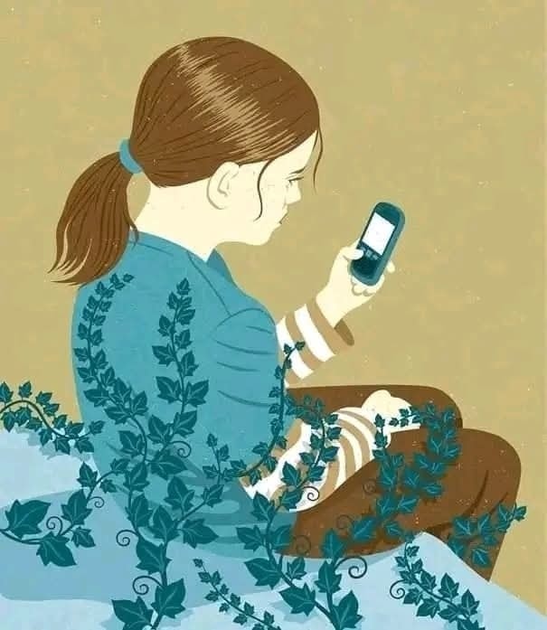 Ilustrácia dievčaťa s mobilom v ruke, obklopeného modrastými listami na svetlom pozadí.