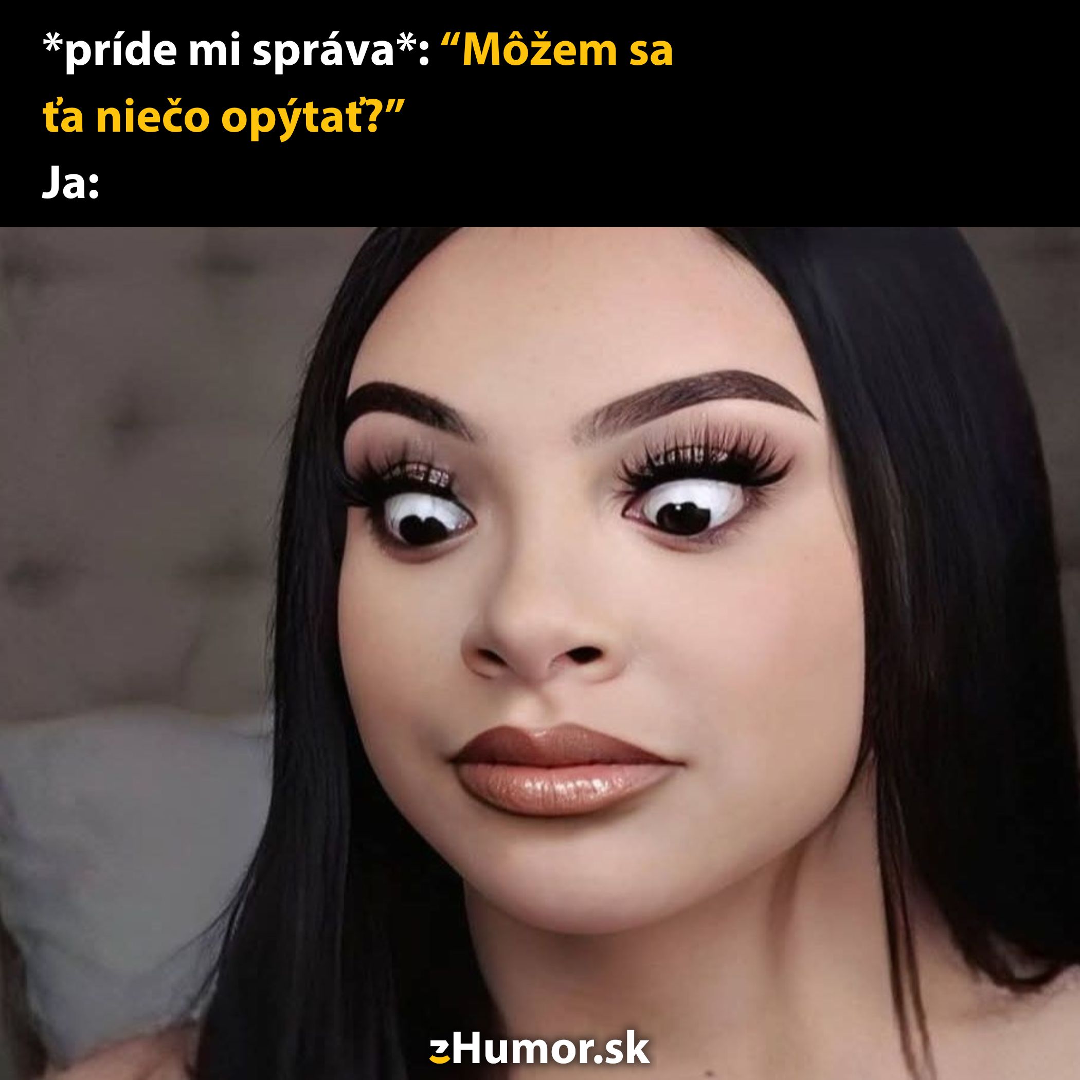 Osoba s prekvapeným výrazom očí reaguje na správu „Môžem sa ťa niečo opýtať?“