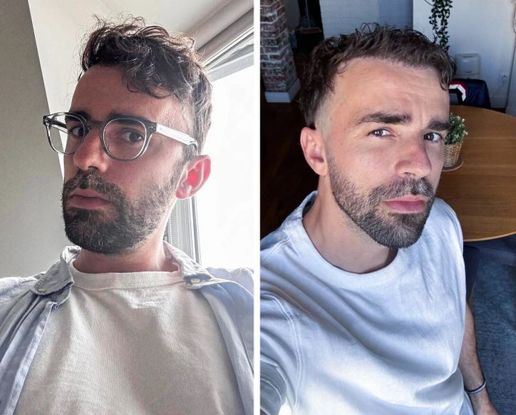 Muž pred a po premene vlasov a brady, nosí okuliare a biely tričko, prirodzené svetlo v interiéri.