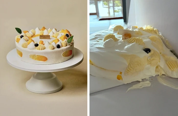 Elegantná torta na stojane vľavo a zničená torta na pravom obrázku.