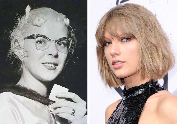 Dve ženy v rôznych časových obdobiach: jedna v retro štýle s okuliarmi, druhá s moderným účesom a extravagantným oblečením.