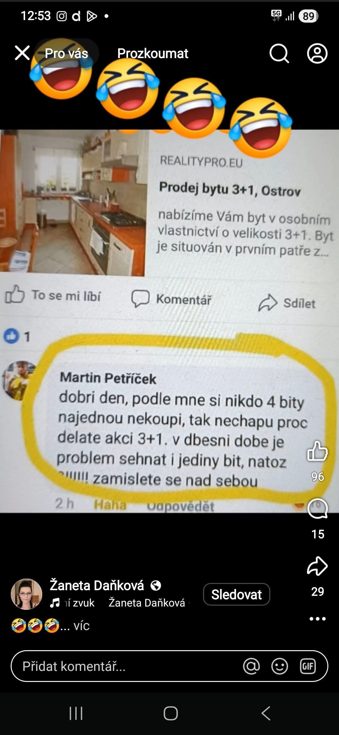 Online inzerát na predaj bytu 3+1 s vtipným komentárom používateľa pod príspevkom.