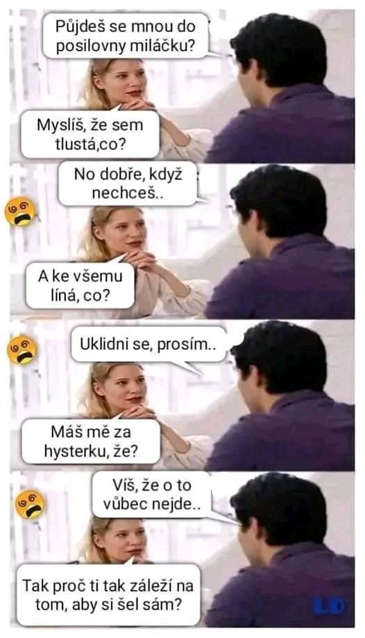 Muž a žena majú vtipnú rozhovorovú výmenu o návšteve posilňovne a sebavedomí.