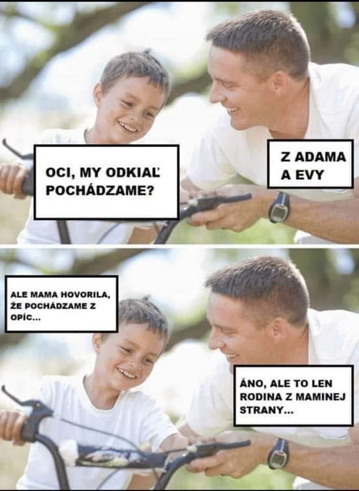 Otec a syn sa smejú pri rozhovore o pôvode rodiny, humorná reakcia na otázku o pôvode.