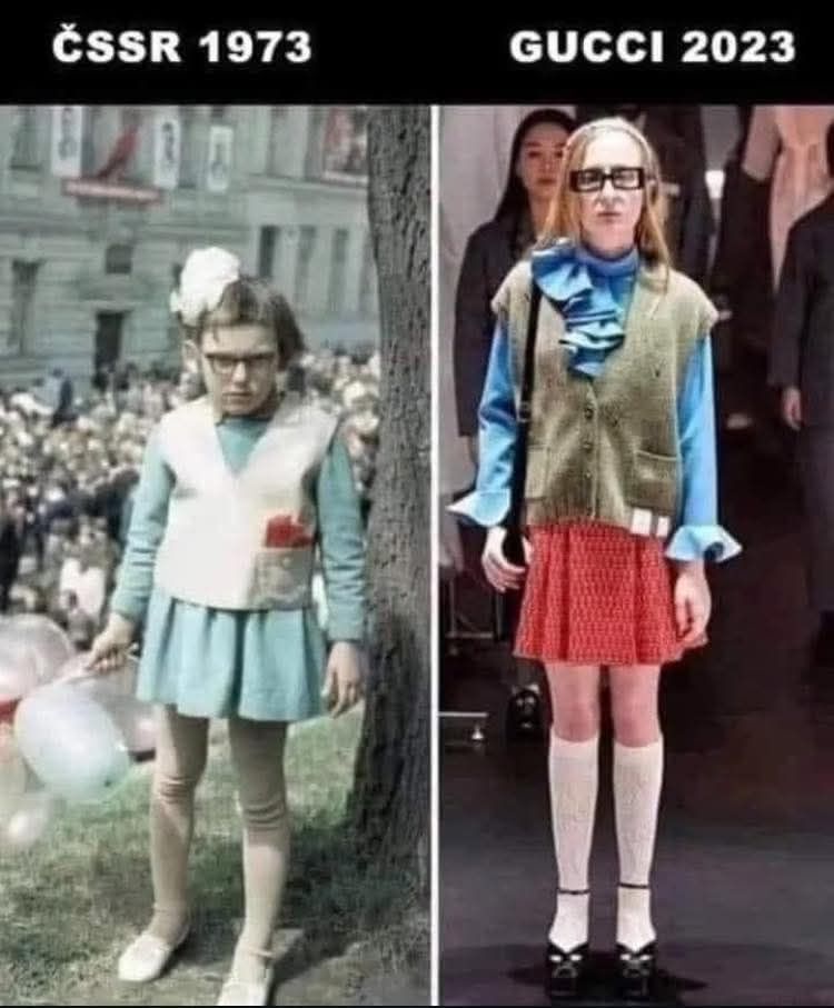 Porovnanie módy: Dievča z ČSSR 1973 vedľa modelky Gucci 2023, zvýrazňujúc podobnosti v oblečení a štýle.